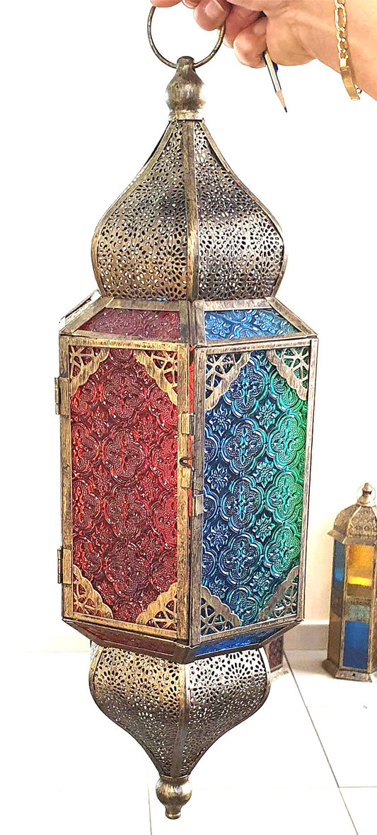 Hanging black brushed gold Lantern with colored glass