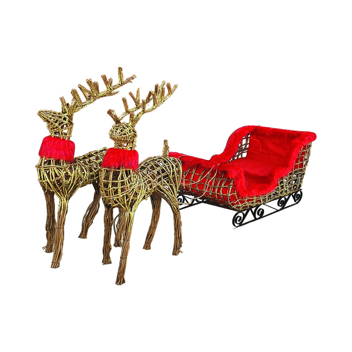 Two Wireframe Deer Pair Pulling Fur-lined Sleigh