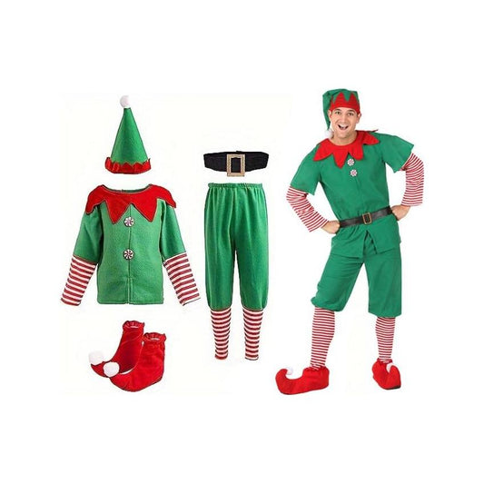 Men's Elf Costume, including hat, dress, belt, and stockings